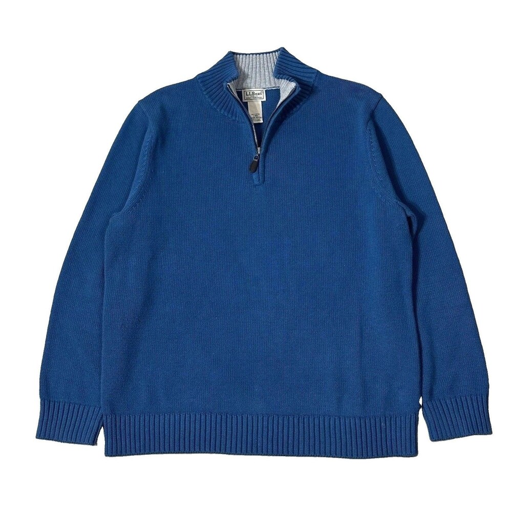 LL Bean Mens 1/4 Zip Mock Neck Sweater Size Large Regular 100% Cotton Blue